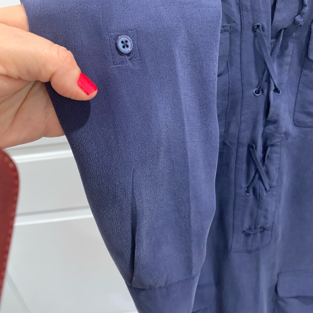EUC EQUIPMENT Knox Long Sleeve Button Up Dress Navy Blue w Pockets 100% silk - Picture 7 of 9